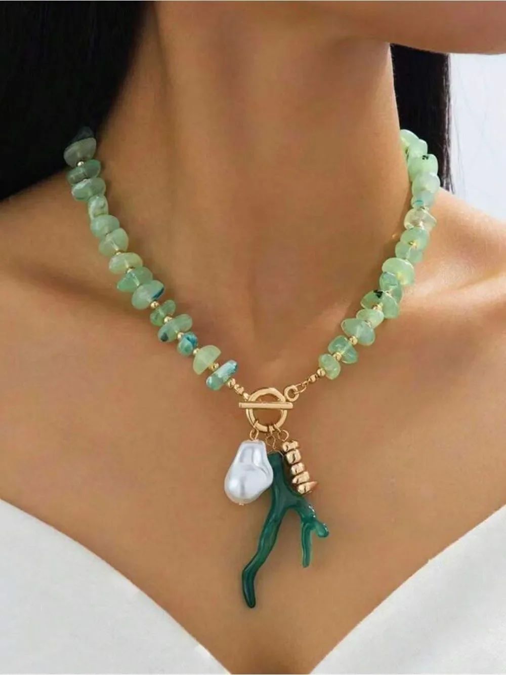 Green Bead Necklace with Coral Charms A1652